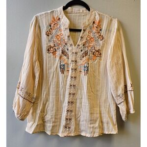 Solitaire S Cream Beige Cotton Embroidered Blouse‎ Puff Sleeves Floral Details